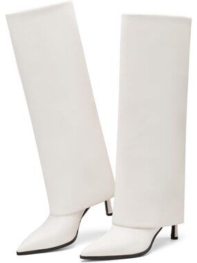 👢Women's White Pointed Toe Fold Over Knee High Boots Stiletto Heel High Boots